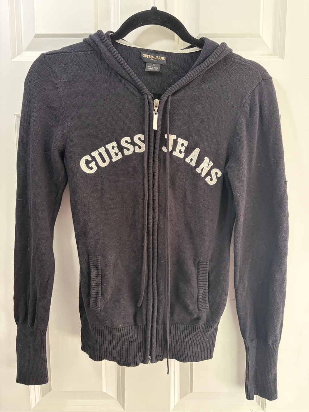 GUESS Jeans Black Zip-Up Hooded Sweater Size Large